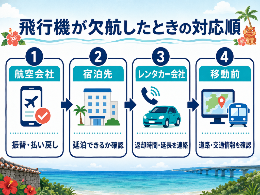 飛行機が欠航したときの航空会社・宿泊先・レンタカー会社・移動前の対応順を示した図解