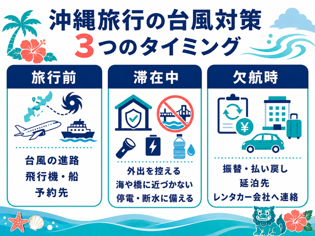 沖縄旅行の台風対策を旅行前・滞在中・飛行機欠航時の3段階で示した図解