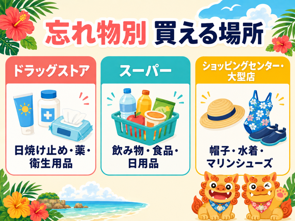 沖縄旅行の忘れ物別にドラッグストア・スーパー・大型店を案内する図解