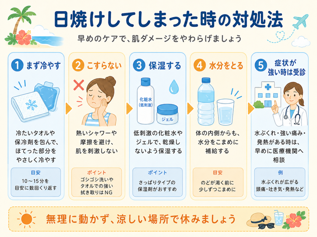 日焼けしてしまった時の対処法を5つの手順でまとめた図解