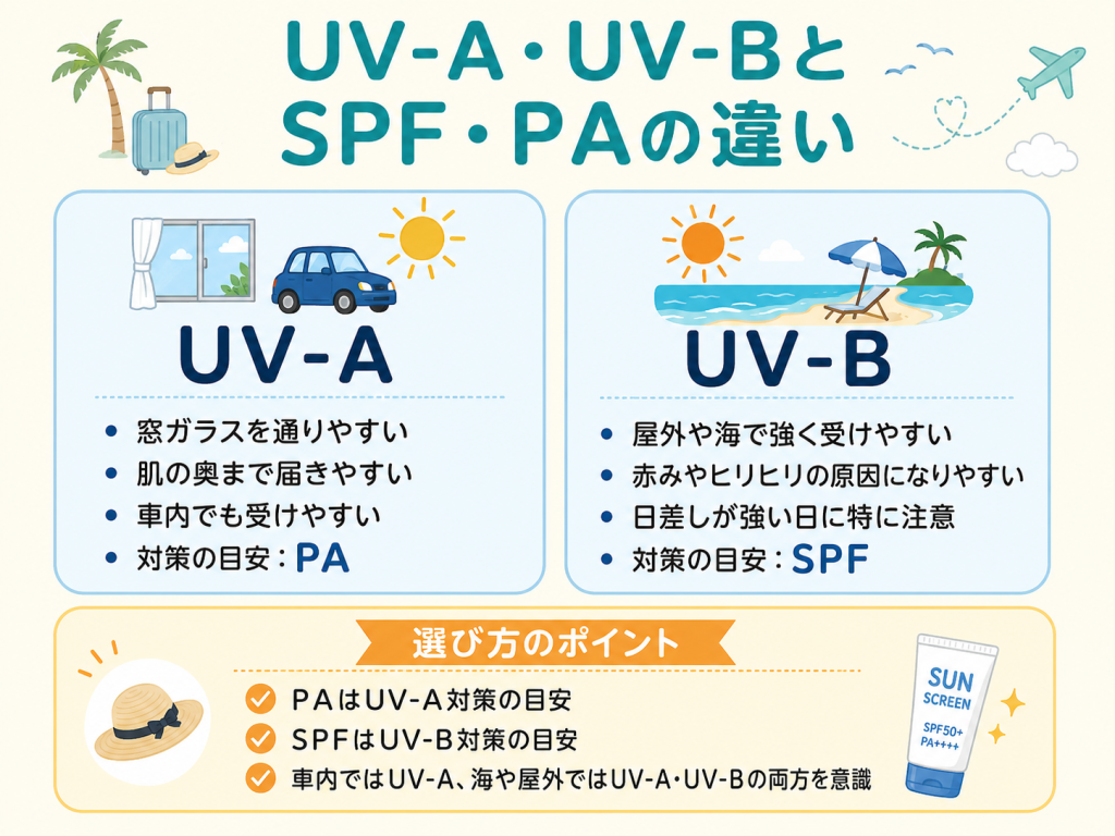 UV-A・UV-Bの違いとSPF・PAの目安をまとめた図解