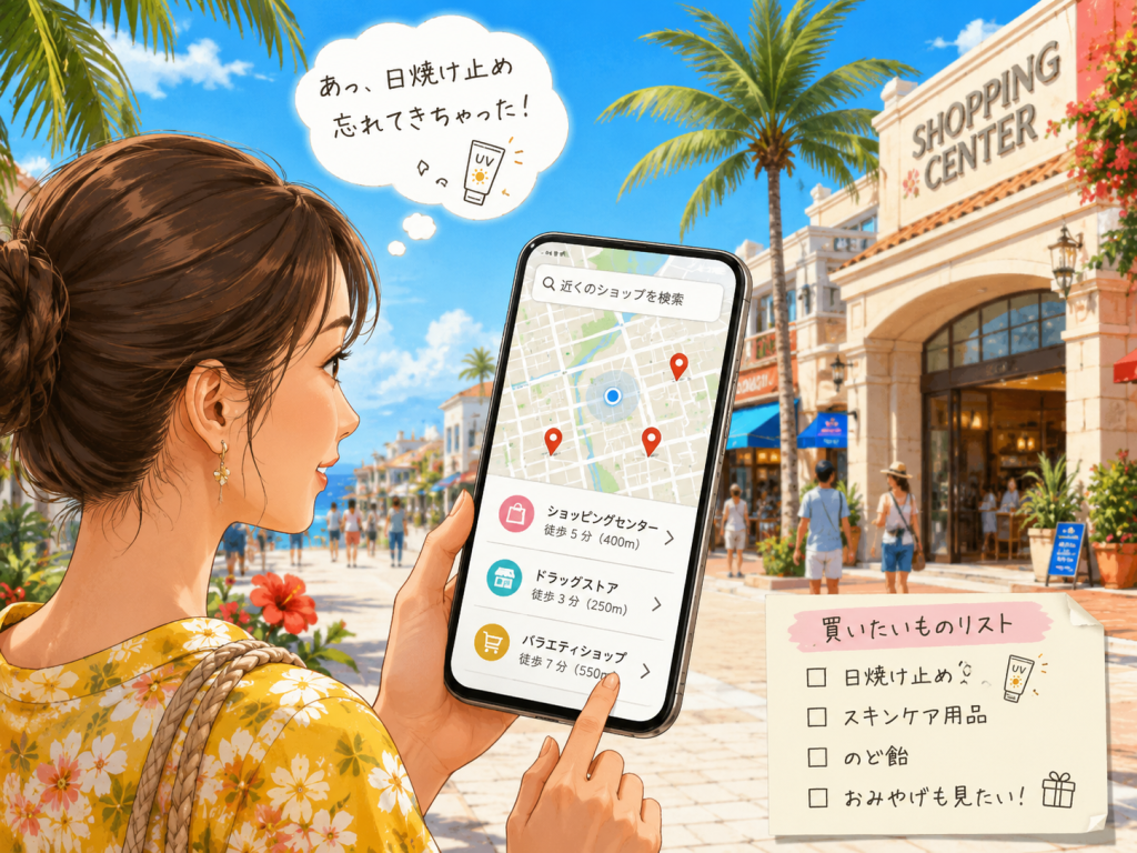 沖縄旅行中にスマートフォンで近くのショッピングセンターやドラッグストアを探すイメージ