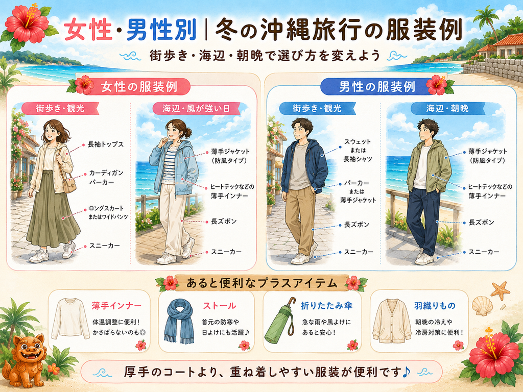 沖縄の冬旅行におすすめの女性・男性別の服装例。街歩きや海辺、朝晩に合わせた長袖、パーカー、薄手ジャケット、ヒートテック、スニーカーなどを紹介。