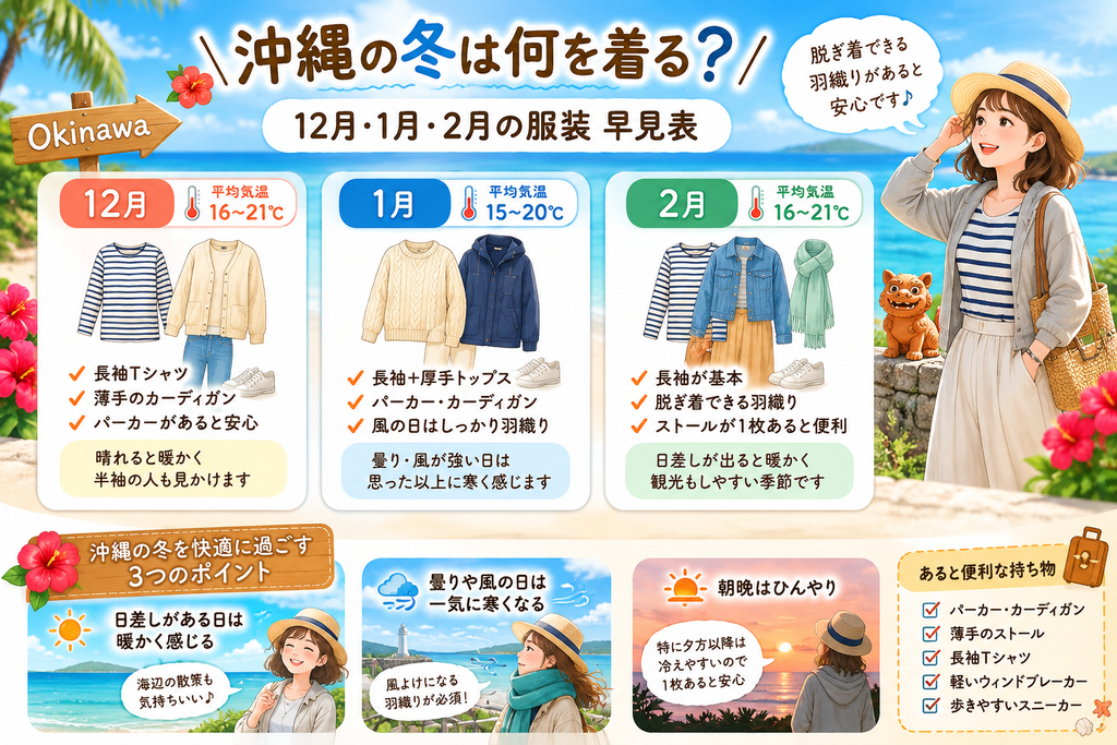 沖縄の冬の12月・1月・2月の服装早見表。長袖やカーディガン、パーカーなど月ごとのおすすめ服装と、風が強い日の防寒ポイントを紹介。
