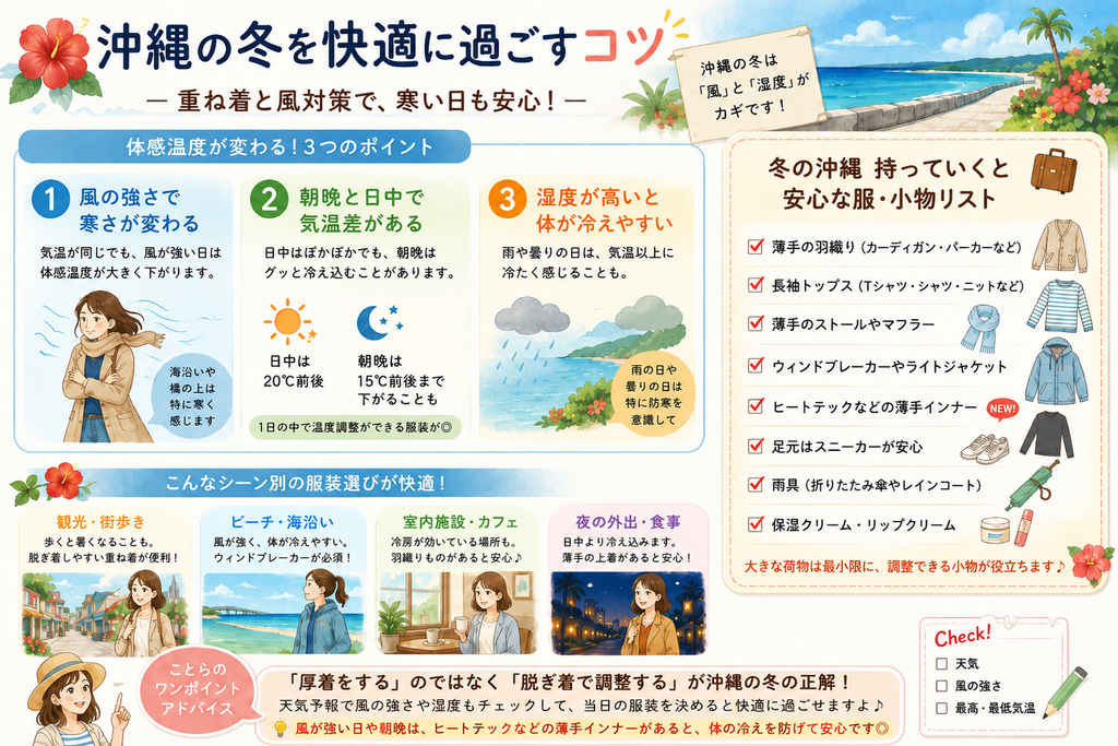 沖縄の冬旅行に持っていくと便利な服や小物をまとめた図解。ヒートテックなどの薄手インナー、羽織り、ストール、雨具、スニーカーなどを紹介。