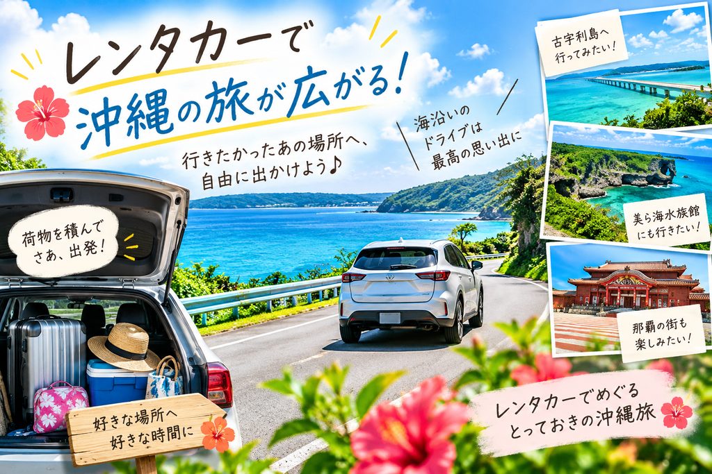 沖縄の海沿いを走るレンタカーと観光スポットのイメージ