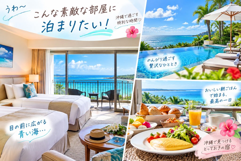 沖縄の青い海を望むリゾートホテルの客室・プール・朝食のイメージ