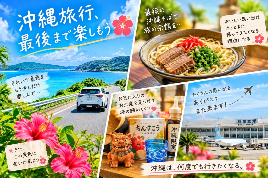 沖縄旅行最終日の海沿いドライブ、沖縄そば、お土産、那覇空港を描いたコラージュ画像